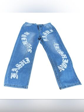 Men's Straight-Leg Blue Denim Jeans with White Graphic Script